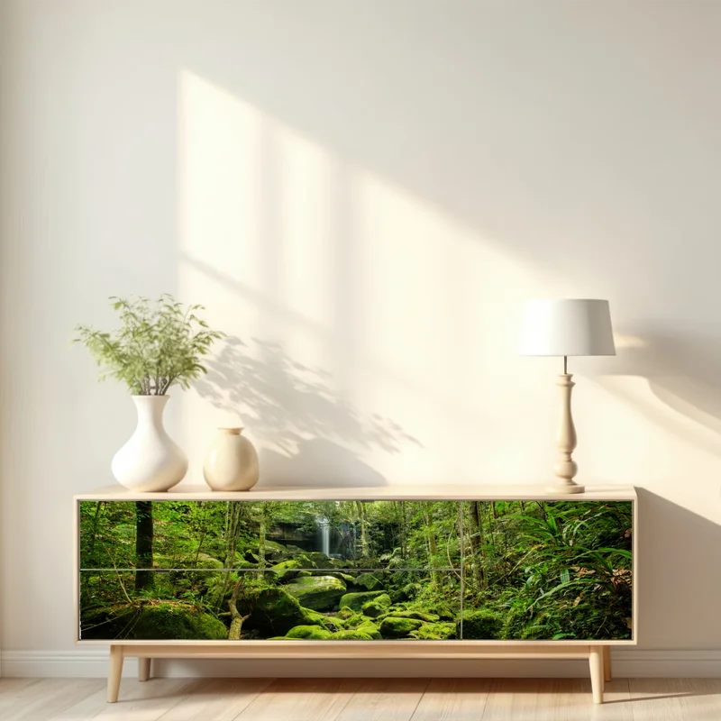 Repositionierbarer Aufkleber üppiger moosbewachsener wasserfall im tropischen wald