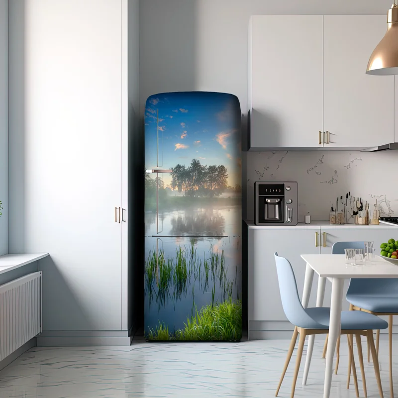 Kühlschrankaufkleber nebliger fluss bei sonnenaufgang über grünen ufern