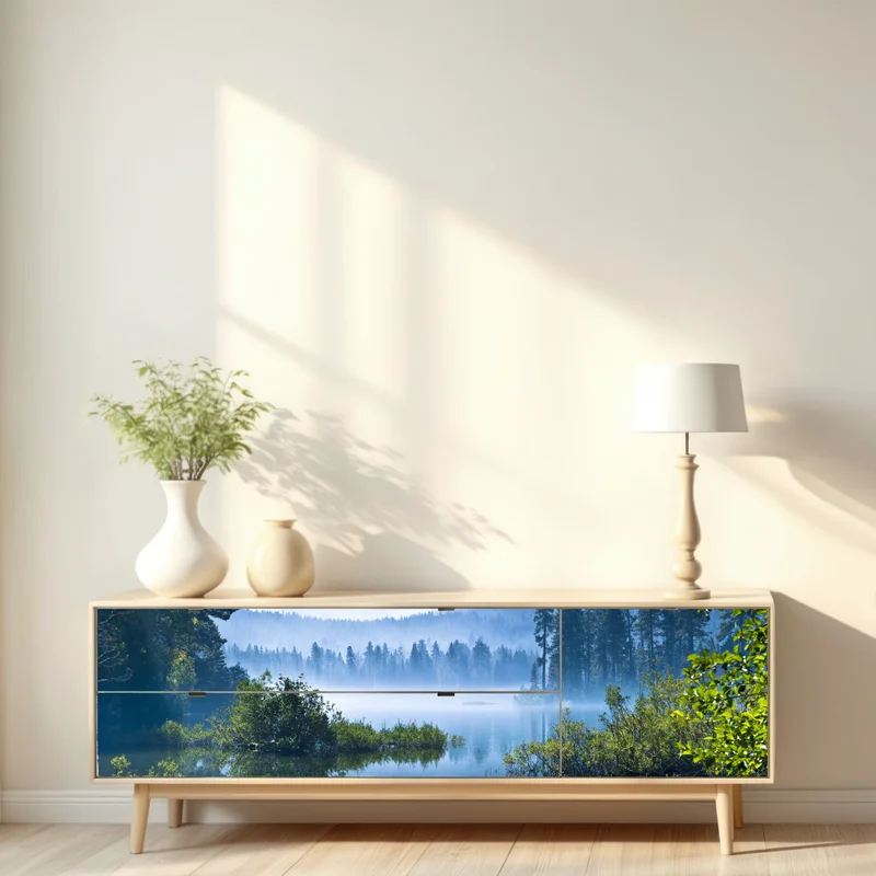 Repositionierbarer Aufkleber nebliger bergsee mit spiegelnder oberfläche