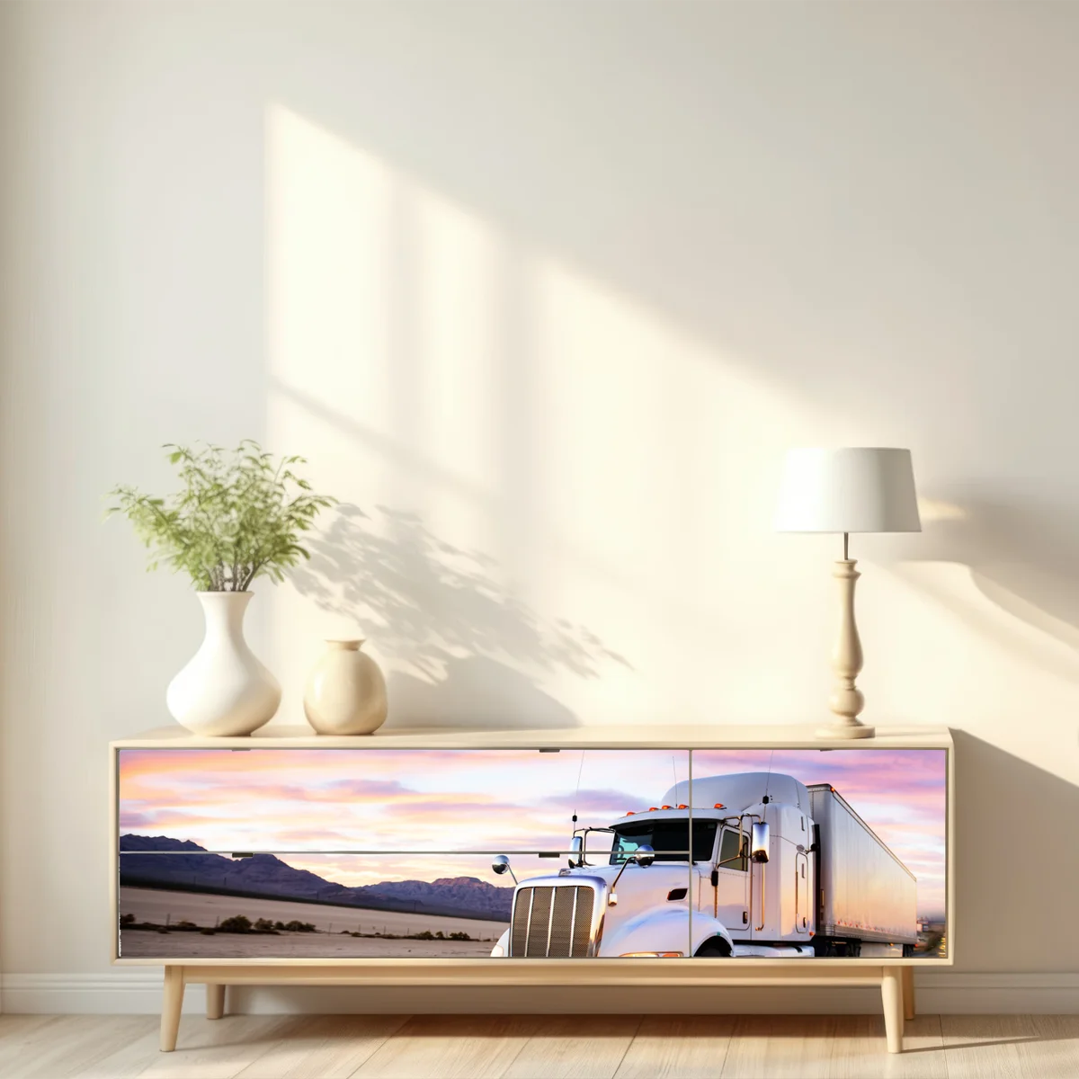 Repositionierbarer Aufkleber lastwagen bei sonnenuntergang auf der autobahn Repositionierbarer Aufkleber lastwagen bei sonnenuntergang auf der autobahn