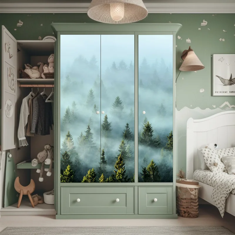 Schrankaufkleber nebliger fichtenwald am morgen