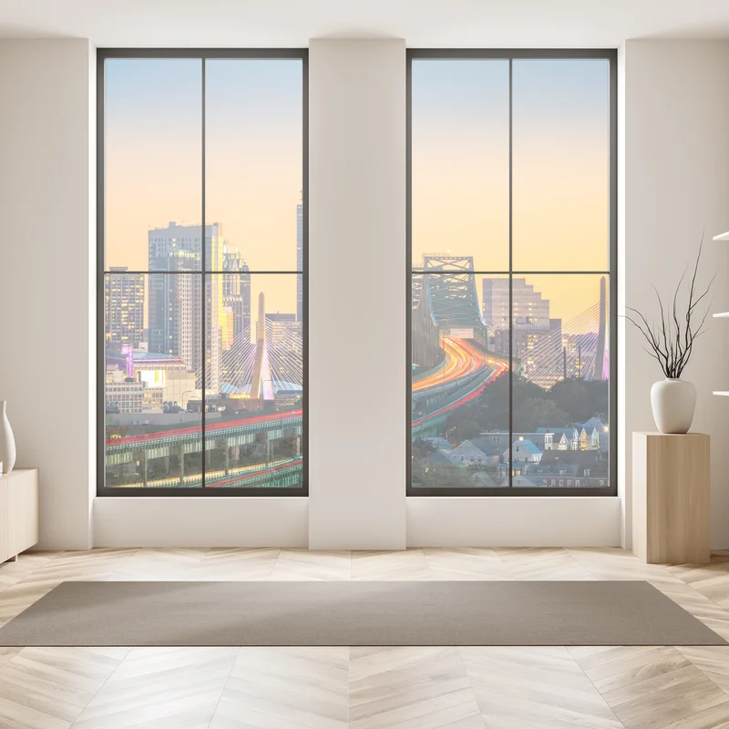 Fensteraufkleber panorama von Boston bei sonnenuntergang mit Zakim und Tobin brücken