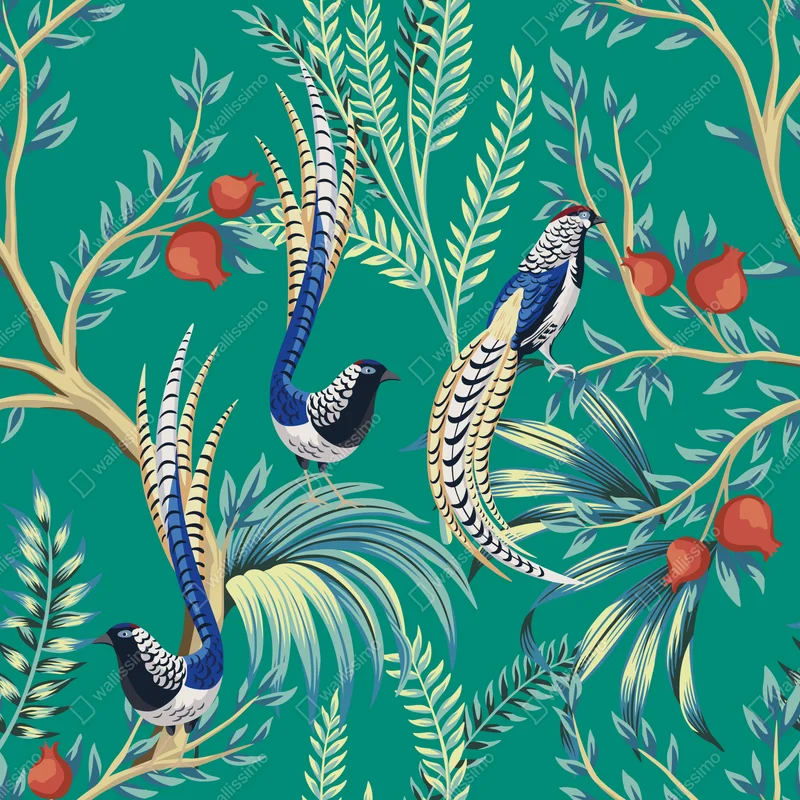 Fototapete exotisches vogelmuster mit granatäpfeln Fototapete exotisches vogelmuster mit granatäpfeln