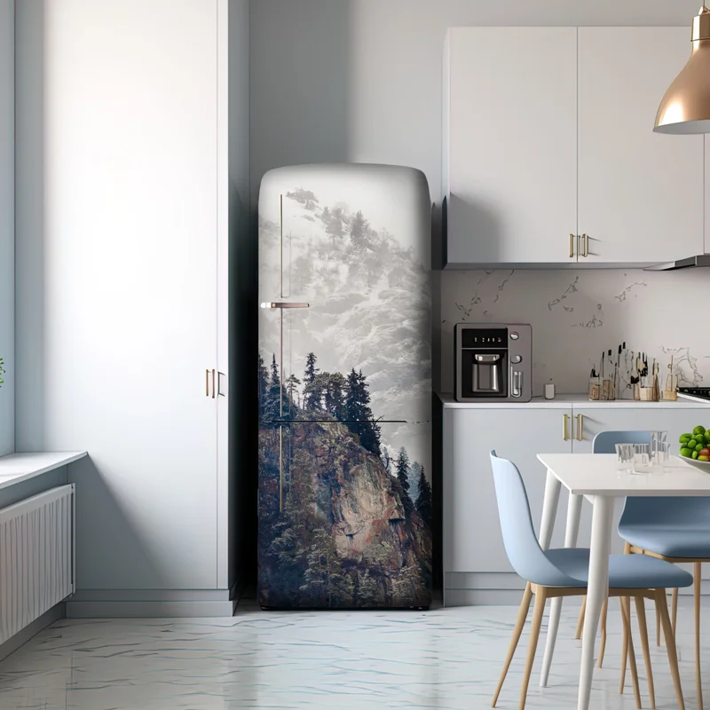 Kühlschrankaufkleber nebliger berg mit felsklippe und kieferwald Kühlschrankaufkleber nebliger berg mit felsklippe und kieferwald