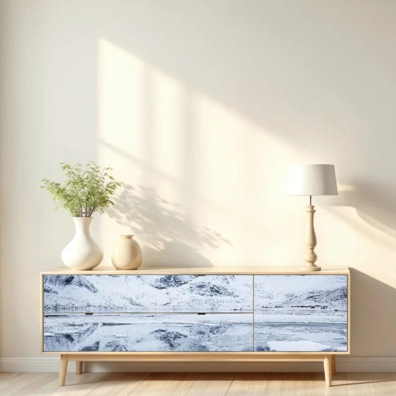 Repositionierbarer Aufkleber verschneite bergspiegelung in Norwegen Repositionierbarer Aufkleber verschneite bergspiegelung in Norwegen