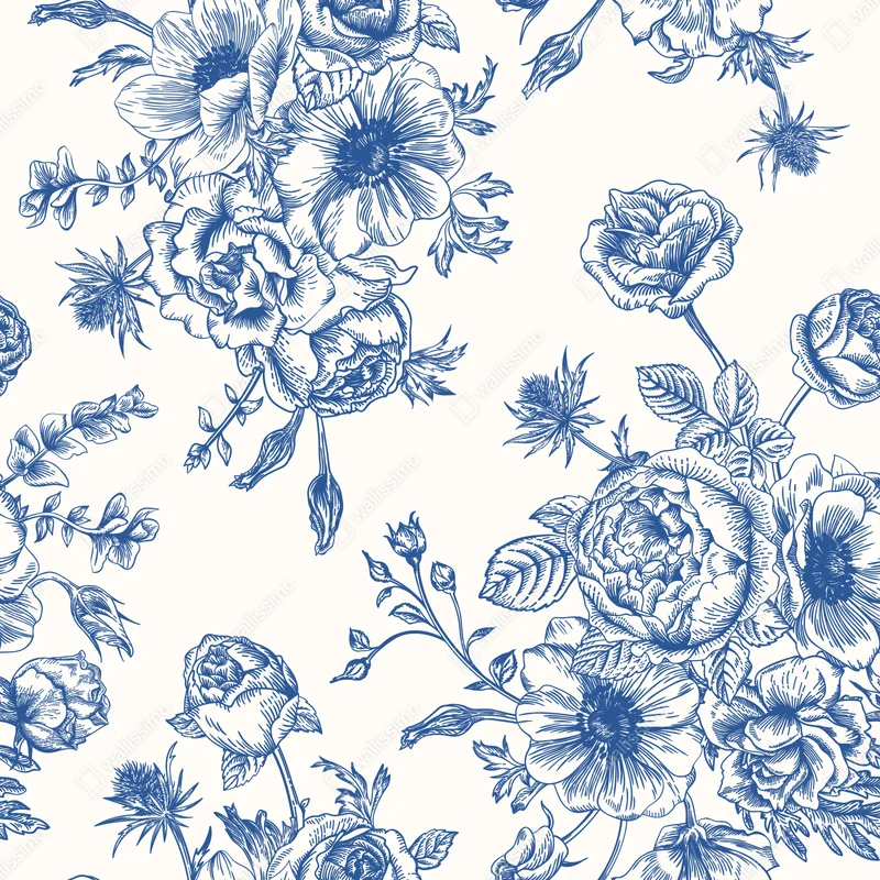 Poster blaues blumenmuster im toile-stil • Poster bei Wallnifity® Poster blaues blumenmuster im toile-stil • Poster bei Wallnifity®