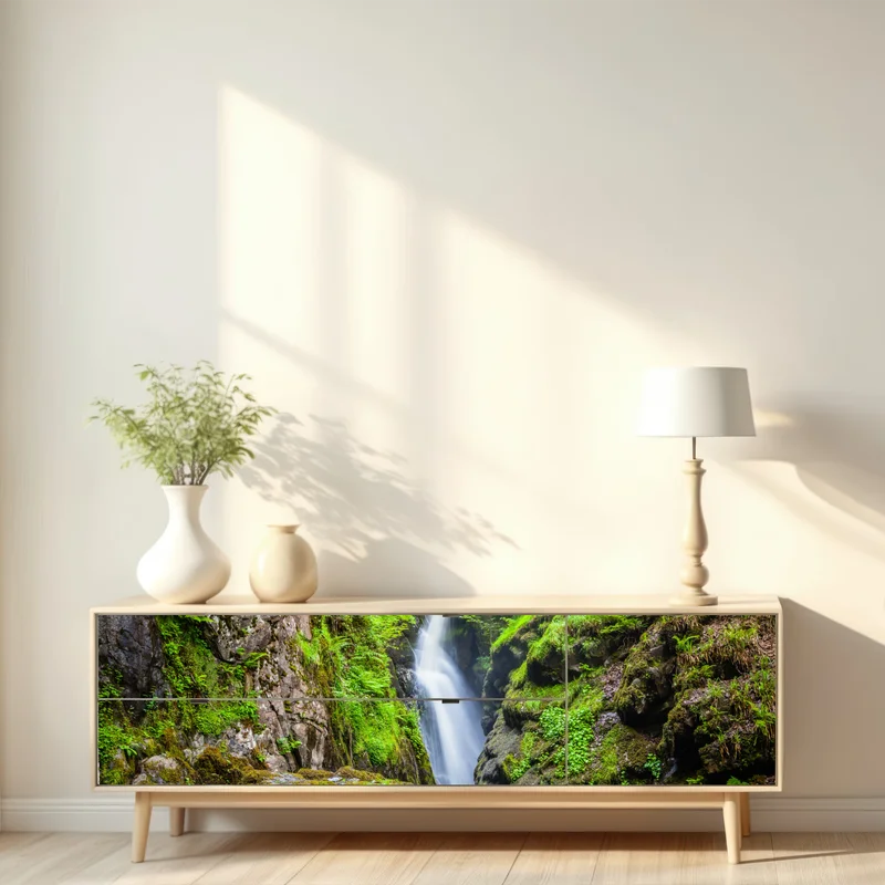 Repositionierbarer Aufkleber wasserfall in moosiger schlucht mit steinbrücke