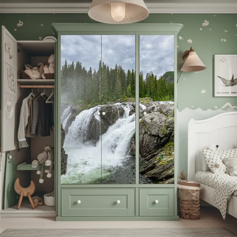 Schrankaufkleber nebliger wasserfall im dichten kiefernwald Schrankaufkleber nebliger wasserfall im dichten kiefernwald