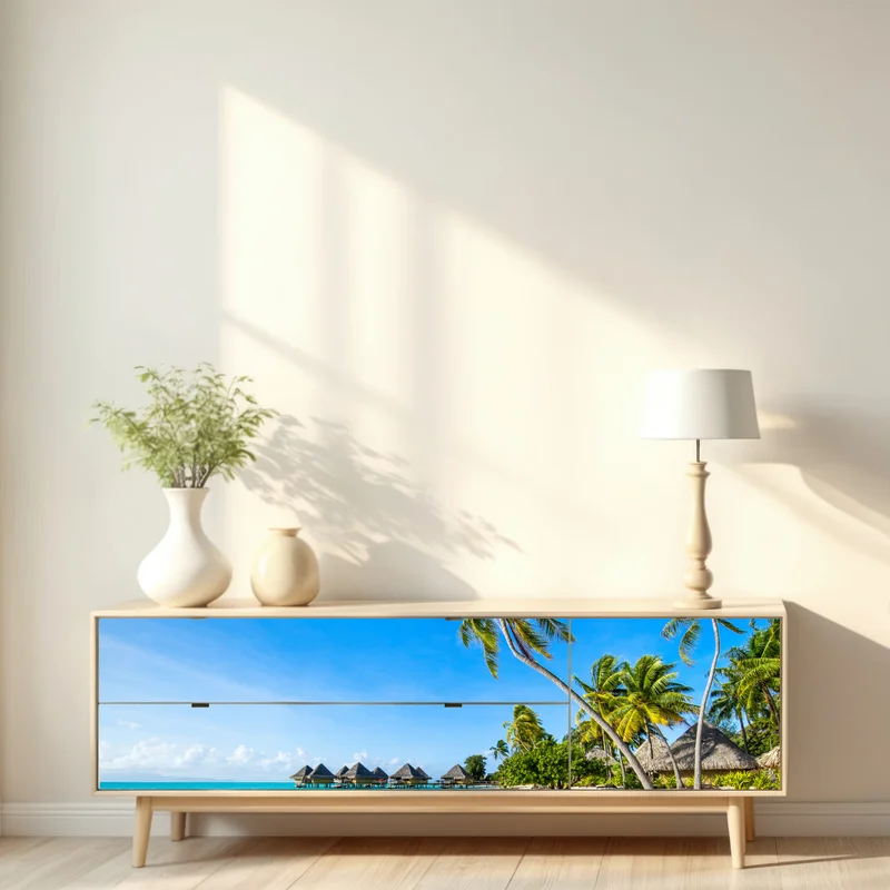 Repositionierbarer Aufkleber tropischer türkisfarbener strand mit palmen