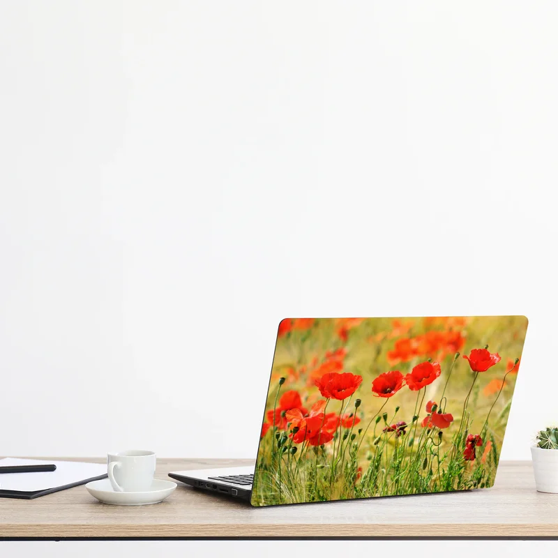 Naklejka na laptopa łąka czerwonych maków w słońcu