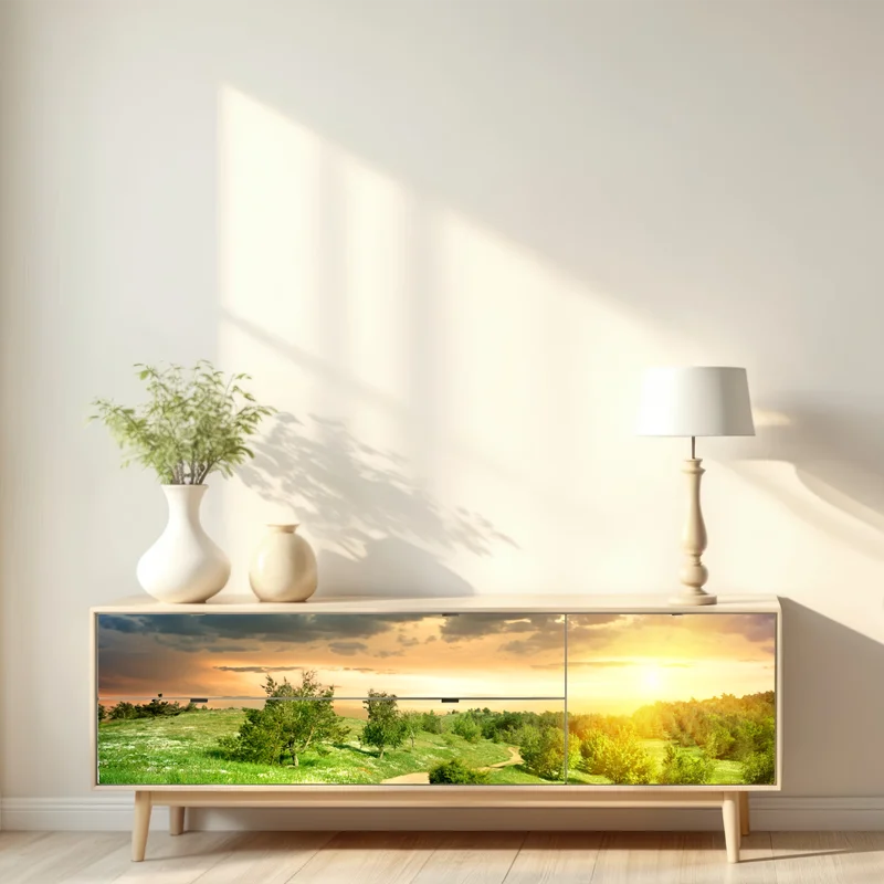 Repositionierbarer Aufkleber sonnenuntergang über einem feldweg durch grüne wiese