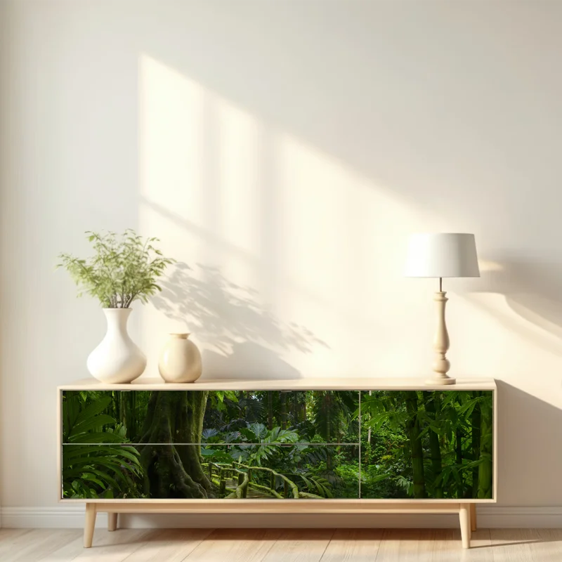 Repositionierbarer Aufkleber ruhiger dschungelsteg durch üppigen regenwald