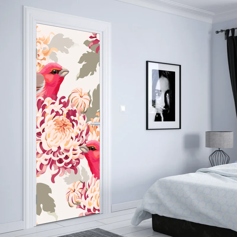 Türaufkleber rosa vögel und chryzanthemenmuster