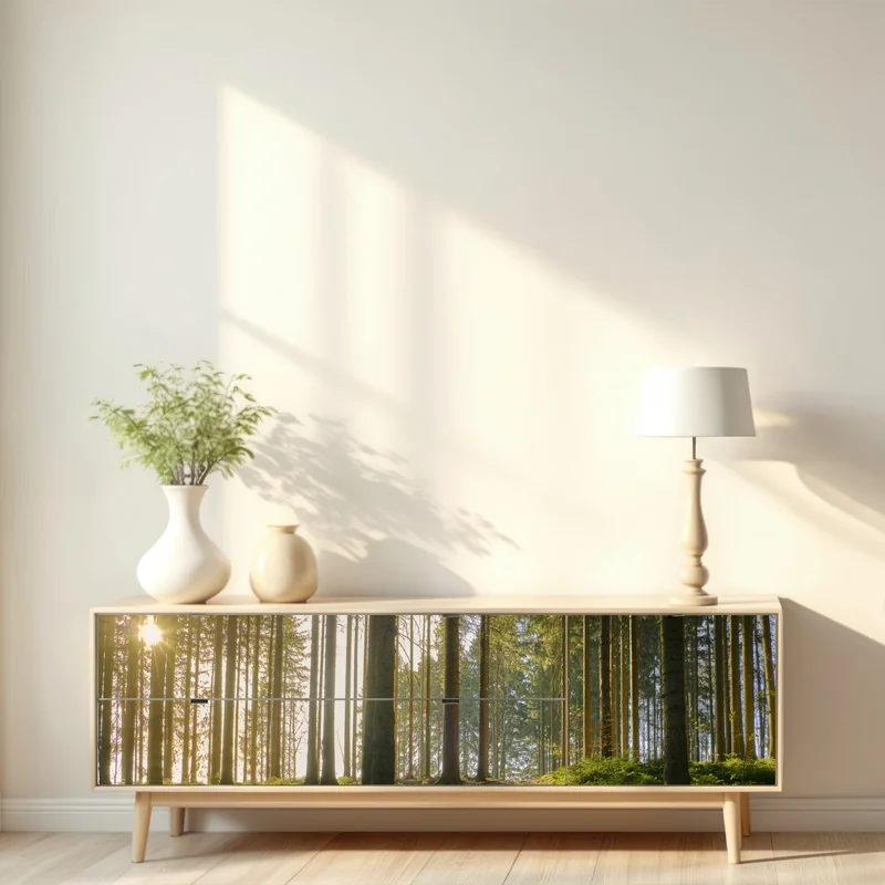 Repositionierbarer Aufkleber sonniger waldweg im morgenlicht