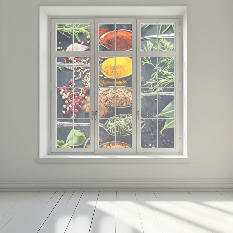 Fensteraufkleber komposition aus gewürzen und kräutern Fensteraufkleber komposition aus gewürzen und kräutern