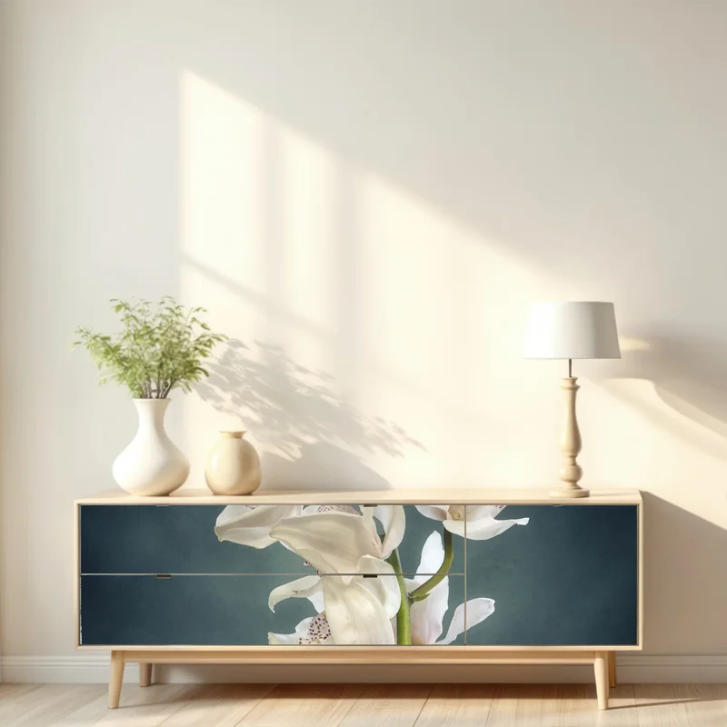 Repositionierbarer Aufkleber zarte weiße orchideen vor gedämpftem hintergrund