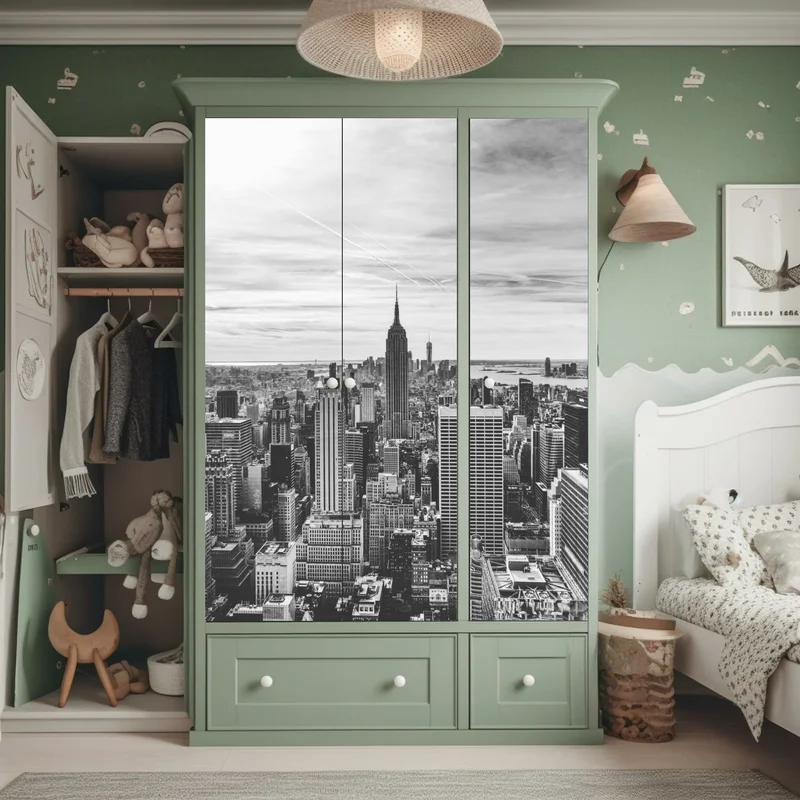 Schrankaufkleber panorama von New York in graustufen