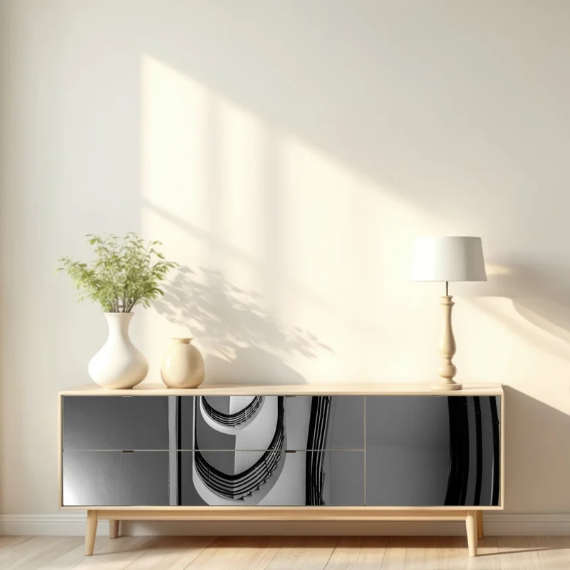 Repositionierbarer Aufkleber spiraltreppe perspektive in schwarzweiß