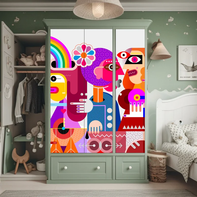 Schrankaufkleber mann mit regenbogen reitet geometrischen vogel Schrankaufkleber mann mit regenbogen reitet geometrischen vogel