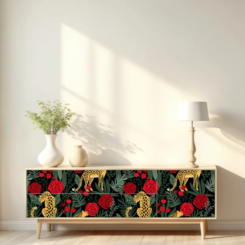 Repositionierbarer Aufkleber goldene geparden und rote rosen muster