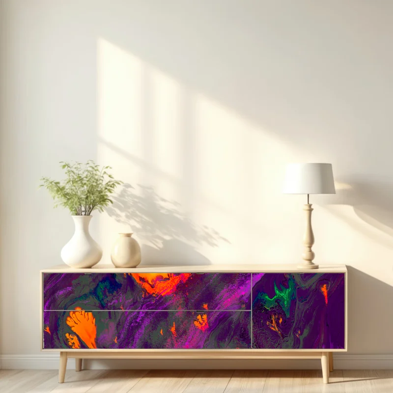 Repositionierbarer Aufkleber traditionelle ebru abstrakte marmormuster in lila und orange