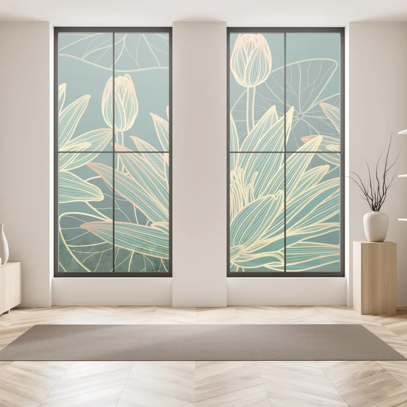 Fensteraufkleber goldene lotosblüten auf grünem hintergrund