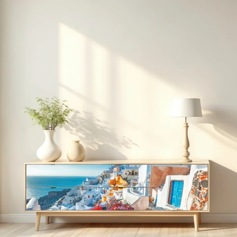 Repositionierbarer Aufkleber sonniges Santorini am klippenrand