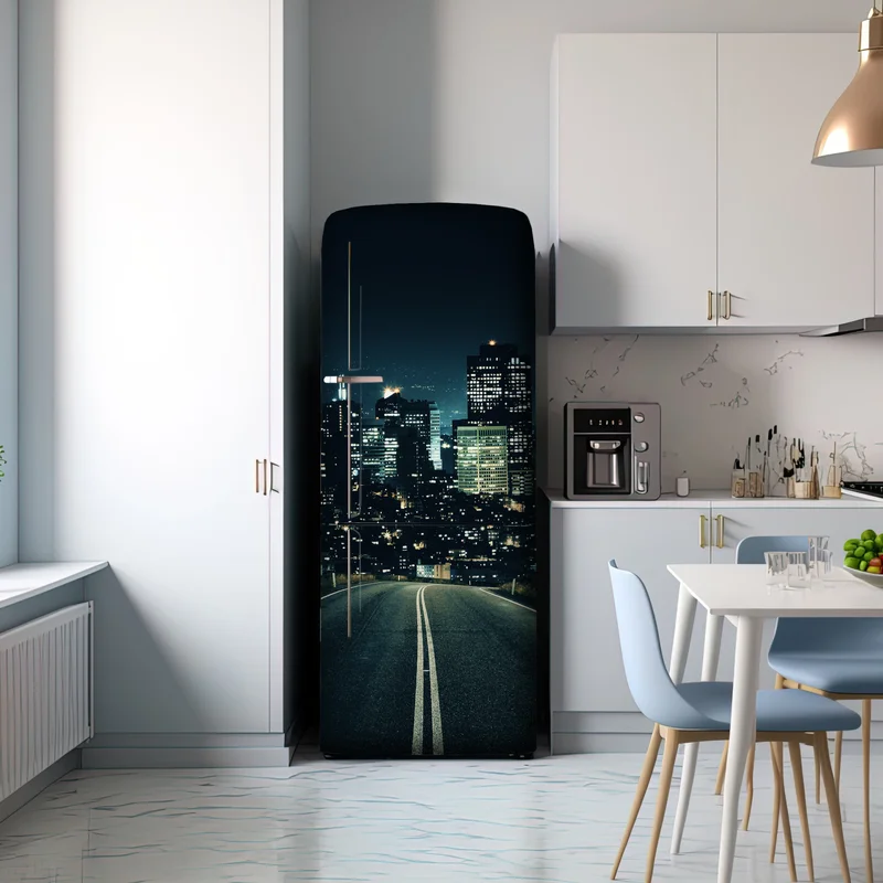 Kühlschrankaufkleber straße zur beleuchteten stadtsilhouette bei nacht