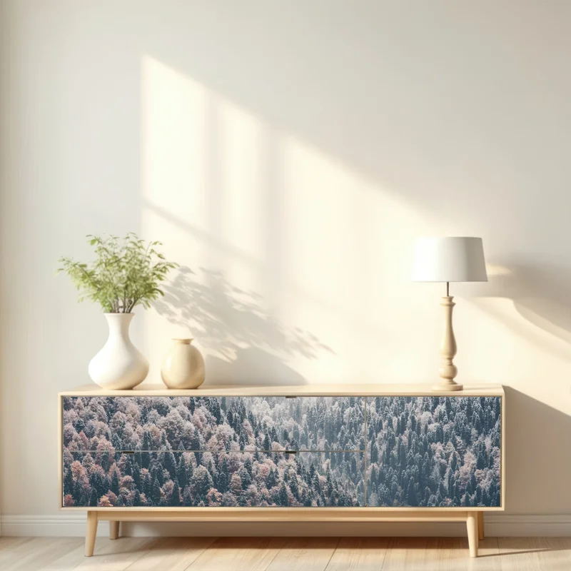 Repositionierbarer Aufkleber herbstlicher nebel über bergwald Repositionierbarer Aufkleber herbstlicher nebel über bergwald