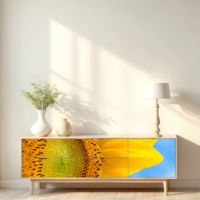 Repositionierbarer Aufkleber leuchtende sonnenblume vor blauem himmel