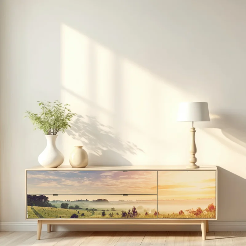 Repositionierbarer Aufkleber nebeliger sonnenaufgang über einer ländlichen wiese