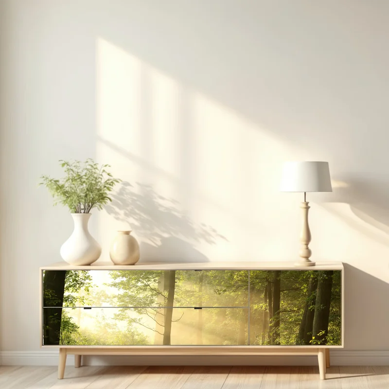 Repositionierbarer Aufkleber morgendliches licht im wald