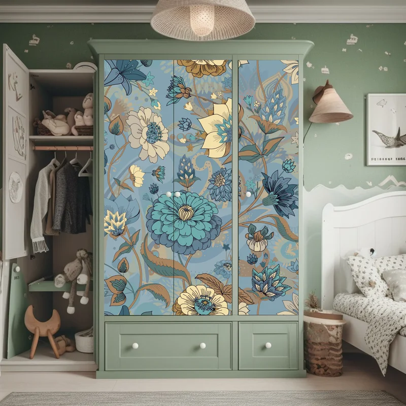 Schrankaufkleber vintage-blumenmuster in gedämpften blau- und beigetönen