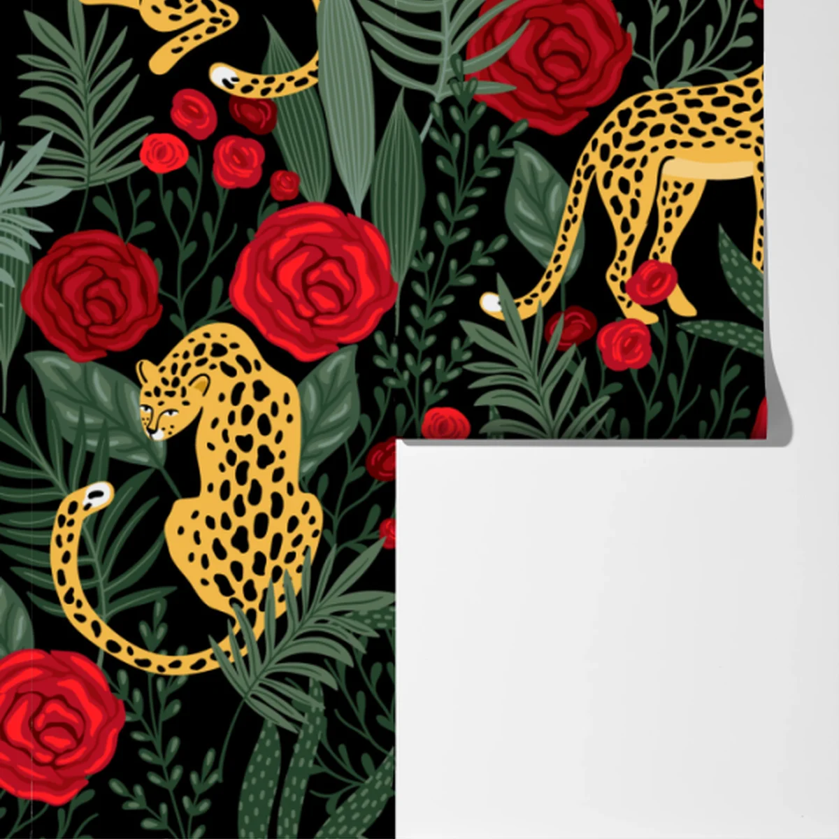 Fototapete goldene geparden und rote rosen muster Fototapete goldene geparden und rote rosen muster