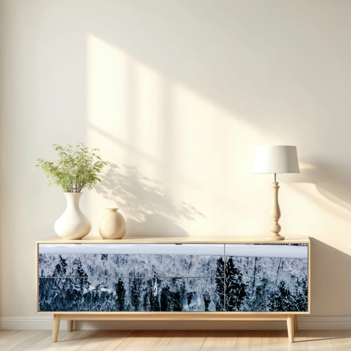 Repositionierbarer Aufkleber winterlicher see mit spiegelung im verschneiten wald Repositionierbarer Aufkleber winterlicher see mit spiegelung im verschneiten wald