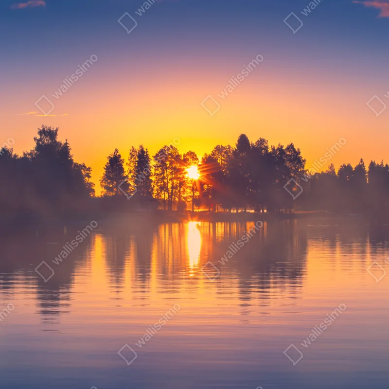 Repositionierbarer Aufkleber nebliger sonnuntergang am see Repositionierbarer Aufkleber nebliger sonnuntergang am see