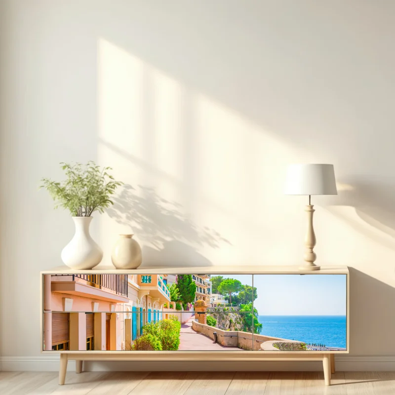 Repositionierbarer Aufkleber mediterrane promenade mit pastellfarbenen häusern