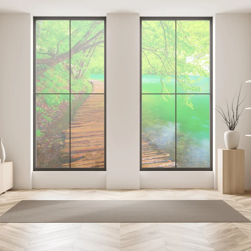 Fensteraufkleber ruhiger grüner steg am see