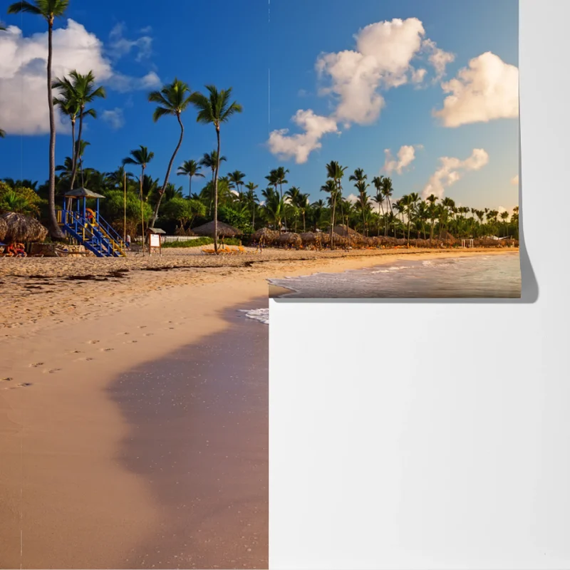 Fototapeta tropikalny zachód słońca na plaży z sylwetkami palm Fototapeta tropikalny zachód słońca na plaży z sylwetkami palm