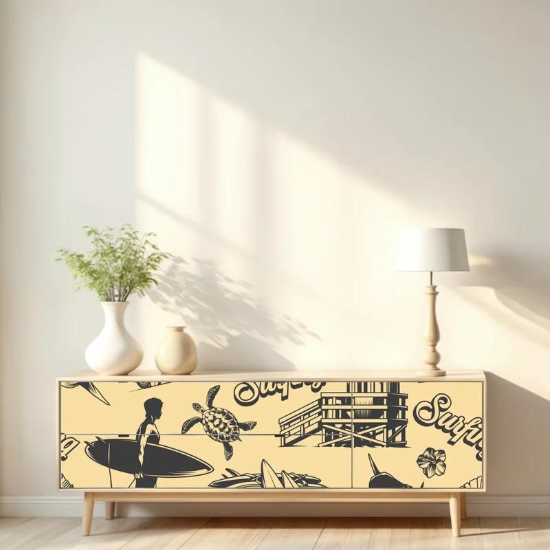 Repositionierbarer Aufkleber retro surfing muster mit campingbus und wellen