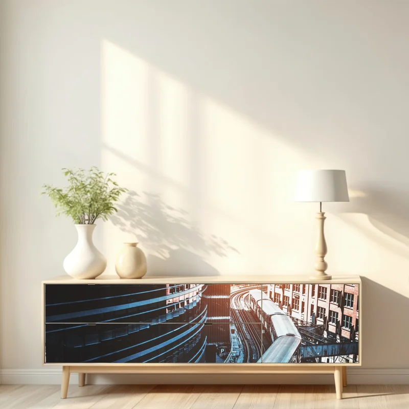 Repositionierbarer Aufkleber Chicago hochbahn zwischen gebäuden