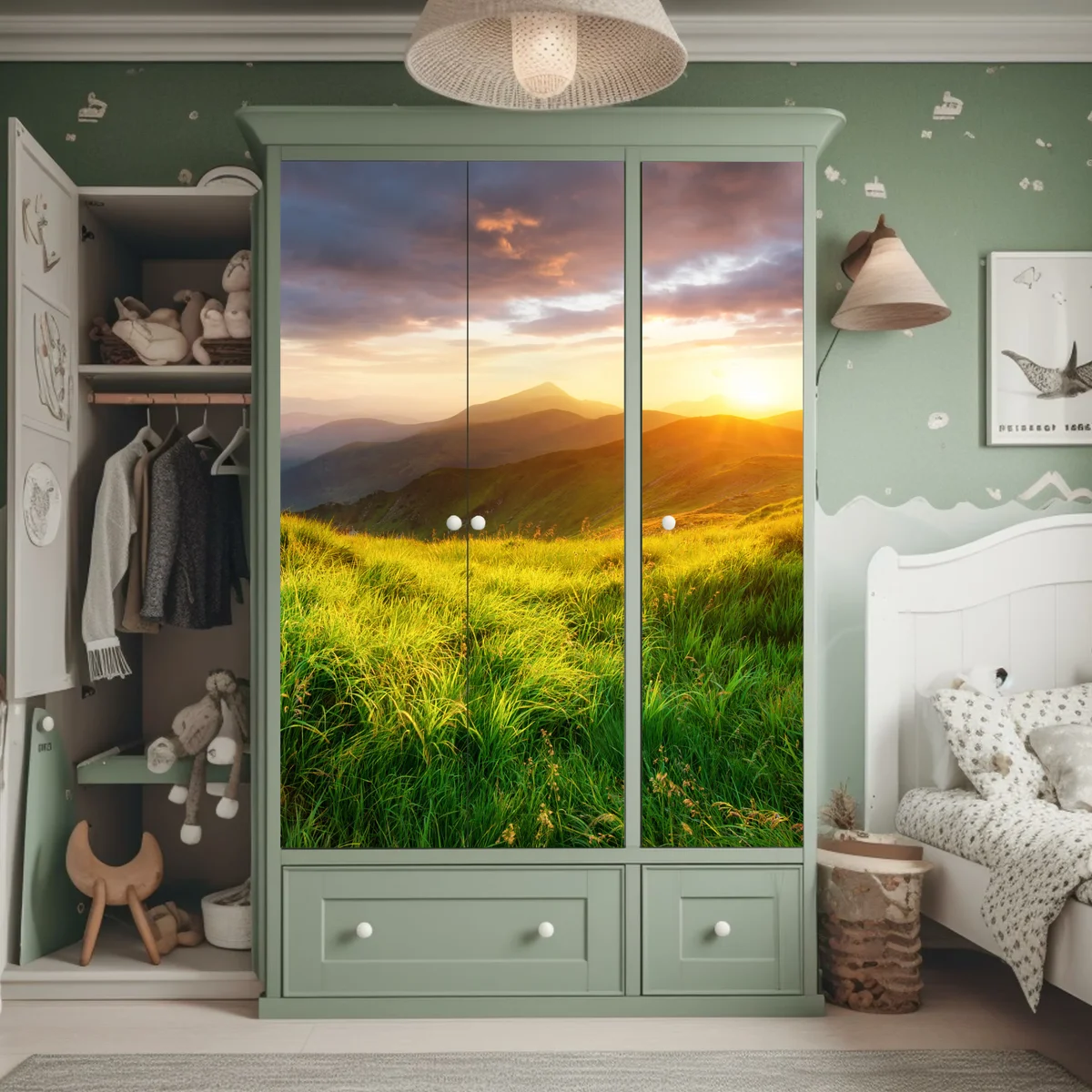 Schrankaufkleber sonnige bergwiese bei sonnenaufgang Schrankaufkleber sonnige bergwiese bei sonnenaufgang