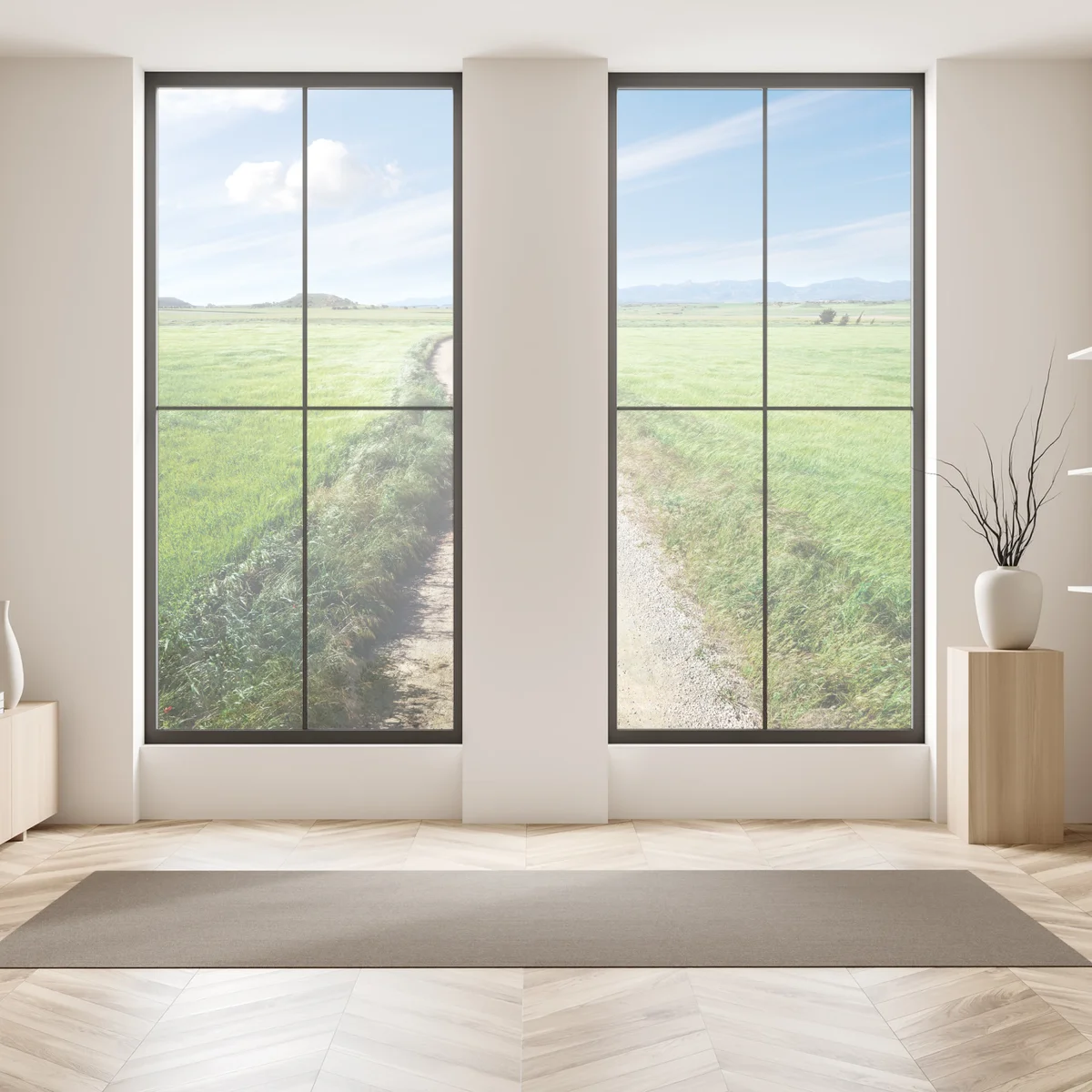 Fensteraufkleber gewundener landweg durch grüne wiesen Fensteraufkleber gewundener landweg durch grüne wiesen