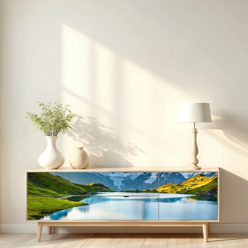 Repositionierbarer Aufkleber ruhiger alpensee vor dem Wetterhorn, Schweiz