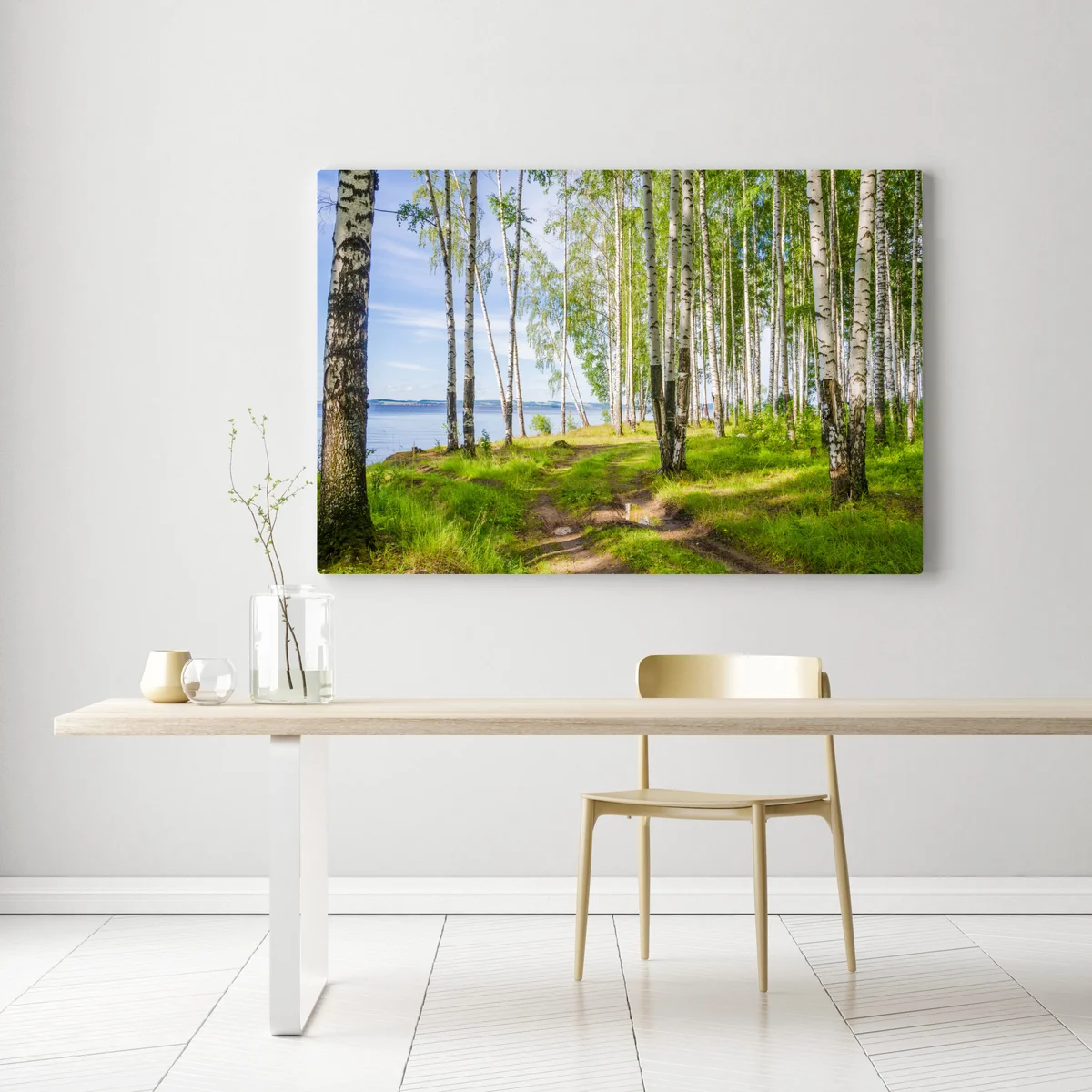 Leinwandbild sonnige birkenlichtung am wasser Leinwandbild sonnige birkenlichtung am wasser