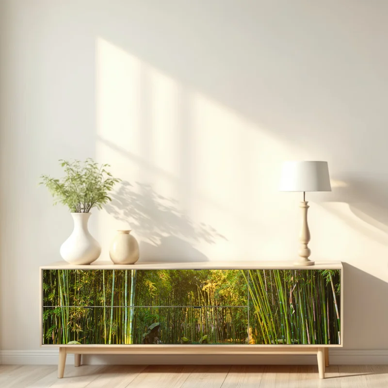 Repositionierbarer Aufkleber ruhiger bambuswald mit pfad Repositionierbarer Aufkleber ruhiger bambuswald mit pfad