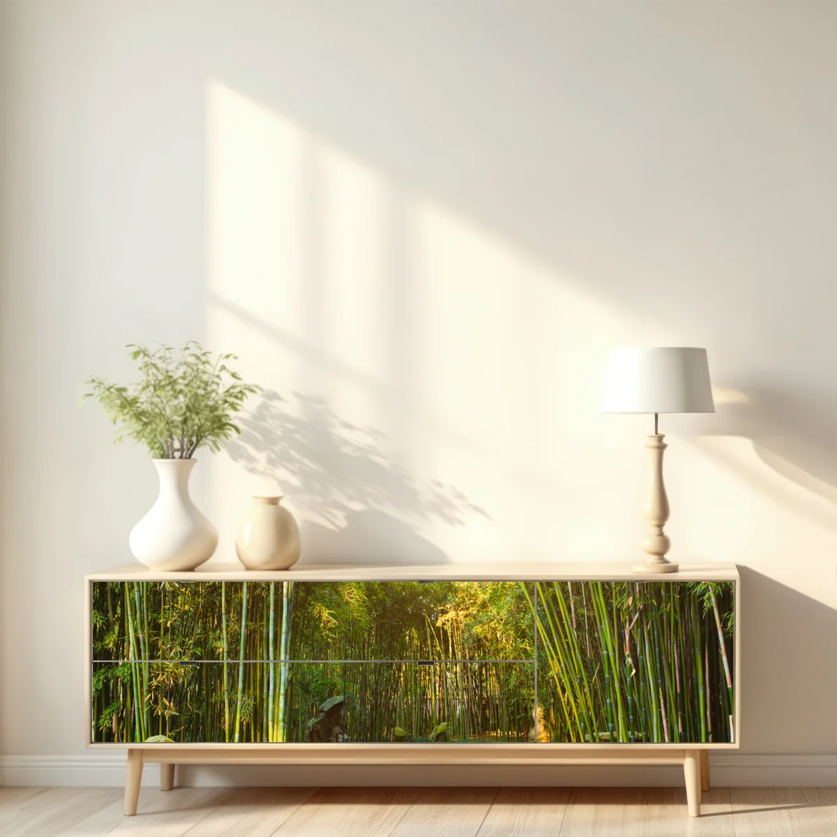 Repositionierbarer Aufkleber ruhiger bambuswald mit pfad Repositionierbarer Aufkleber ruhiger bambuswald mit pfad