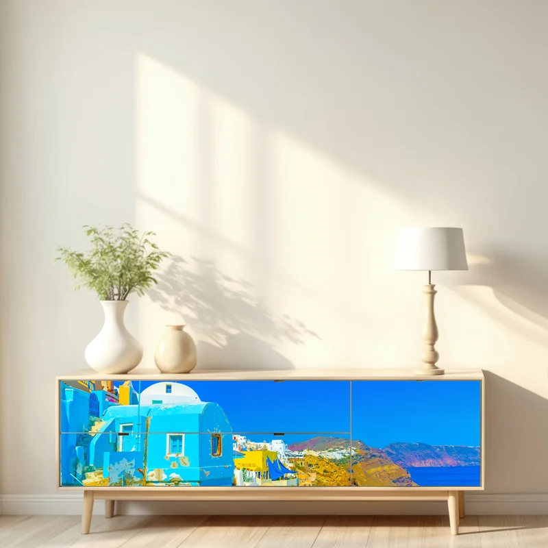 Repositionierbarer Aufkleber sonniger blick auf Oia, Santorini