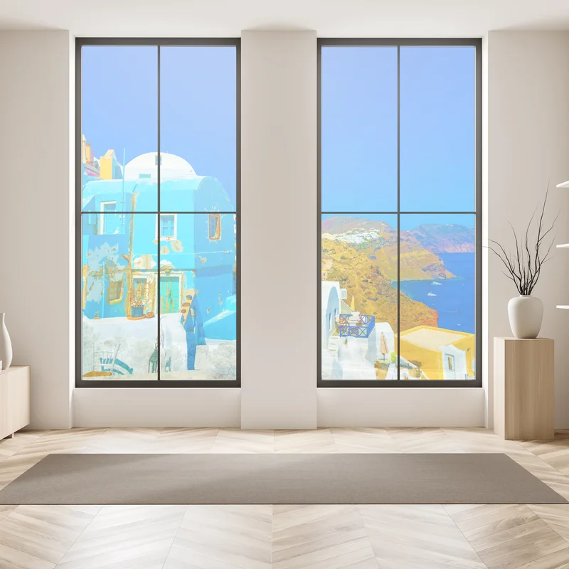 Fensteraufkleber sonniger blick auf Oia, Santorini