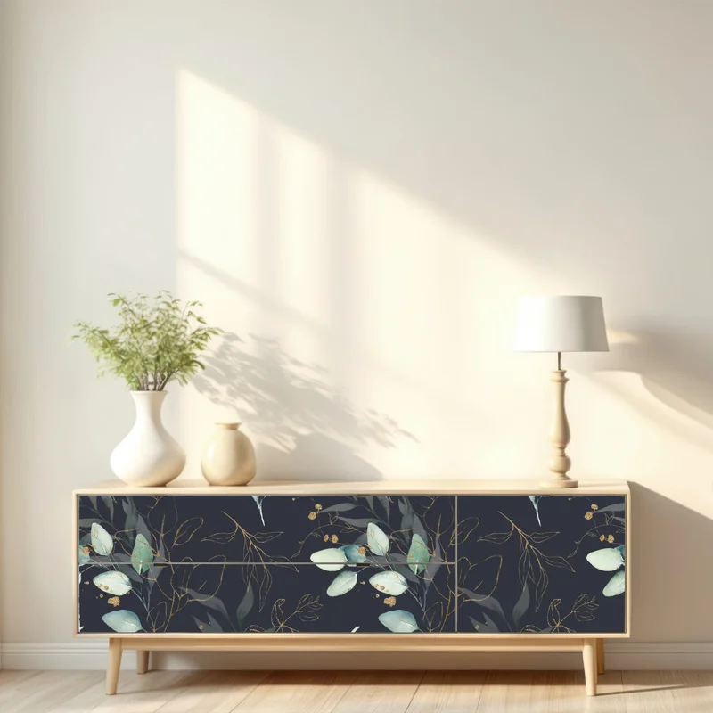 Repositionierbarer Aufkleber aquarell eukalyptusblätter auf dunklem hintergrund Repositionierbarer Aufkleber aquarell eukalyptusblätter auf dunklem hintergrund